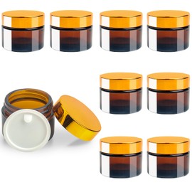 Roellgs 8 Pcs 50ml Amber Glass Jars, Brown Glass Cosmetic Tinted Jars, Empty Cosmetic Containers with Inner Liners and Black Lids for Lotions Cream Ointments Travel Makeup Beauty Storage