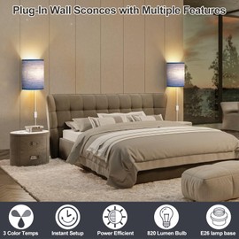 Plug in Wall Sconces Set of Two: Wall Lights with On/Off Switch - Stepless Color Temperature Wall Mount Lamps - Fabric Linen Wall Sconce for Bedroom Living Room & Hallway- Indoor Corded Wall Sconces