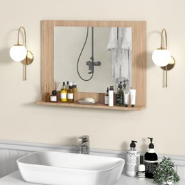 Tangkula Bathroom Mirror with Shelf, 23.5" x 17.5" Rectangle Wood Frame Bathroom Vanity Mirror for Over Sink, Wall Mounted Modern Mirror for Living Room, Entryway (Natural)