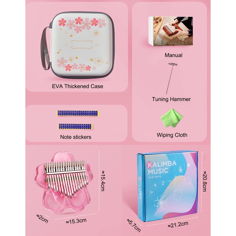 BOTOWI 21 Keys Clear Kalimba Thumb Piano Complete Pack, Sakura