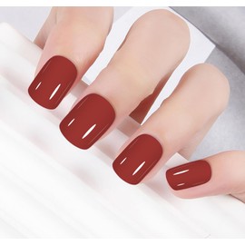 Press On False Nails Short Squoval ABS Natural Fit Fake Nails with Jelly Glue Reusable Manicure Glue On Nails Woman and Girl, Gel Glossy False Nails 12Sizes 24pcs (Wine red)