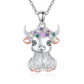 SHEAISRS Highland Cow Necklace for Women Cute Sterling Silver Animal Pendant with Colorful Flower Crown Farm Animal Jewelry Gift