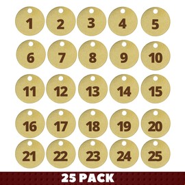 Performore 1.5" Solid Brass Numbered Valve Tags (1-25) Round Disc with 3/16" Hole, Stamping Chits for Pipe Valves, Keys, Tool and Equipment Labeling (Pack of 25)