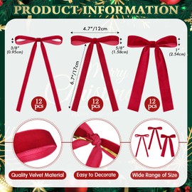 LOYIM 36 PCS Velvet Christmas Wreath Bow Bulk Christmas Velvet Bow Vintage Velvet Ribbon Bow Xmas Velvet Tree Bow for Christmas Garland Home Wedding Decoration 3 Size Width of 3/8'' 5/8'' 1''(Red)