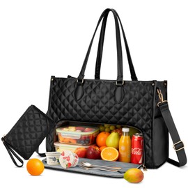 Updated 2-in-1 Insulated Lunch Bag & 15.6 Inch Laptop Tote for Women, Large Capacity Thermal Meal Bag with Padded Laptop Compartment, Quilted Work Bag for Office, Teacher, Commuter (Black)