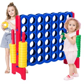 KOTEK Giant 4-in-a-Row Game Set, 3.5 Feet Tall Jumbo 4-to-Score Family Fun Game with Quick-Release Sliders & 42 Large Rings, Oversized Connect Plastic Yard Game Outdoor for Kids & Adults (Blue+Rose)