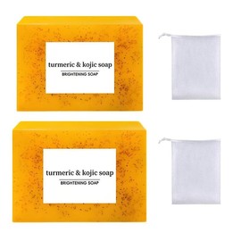 HASSELAN 3PCS Turmeric & Kojic Acid Brightening Soap, Kojic Acid Soap, Soap Body Care Body Wash Lemon Flawless Organic Comfort Skin Repair Cleansing Skin Care Cleanser - Scent: 2 Counts Soap+2 Counts Soap Bag