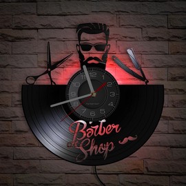 Timethink 12 Inch Barber Shop LED Wall Clock with 7 Luminous Modes, Silent Non Ticking Hipster Men Vintage Decorative Analog Vinyl Record Wall Clock Watch for Hair Salon Decor Hairdressers Gift