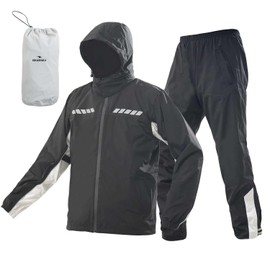 VIKAMAKA Waterproof Motorcycle Men's Rain Suit, Breathable Lightweight Hooded Reflective Rain Gear, Rain Jacket and Pants for Men (Black&Grey, XX-Large)