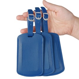 Vividwise Luggage Tags with Name ID Card, Leather Luggage Suitcases Tag for Bag Baggage Travel Accessories 3 Pack (Blue)