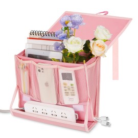 Retyion Bedside Caddy Bedside Storage Organizer Bedside Organizer with Power Strip Holder and 2 Adjustable Straps for Home Bunk Bed Dorm Sofa (Pink)