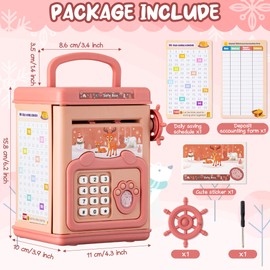 GoaePode Money Box for Kids, Piggy Bank Electronic ATM Password for Money Safe, Cartoon Saving Box Cash Coins Schedule Planner, Pocket Money Organiser for Boys Girls Toys Birthday Gift Ages 3+ (Brown)