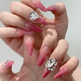 Pink Gradient French Tip Press on Nails Long Glitter Rhinestones False Nails Almond Nails Reusable Artificial Coffin Nails Full Cover Acrylic Nails 24Pcs DIY Stick on Nails Glue on Nails for Women