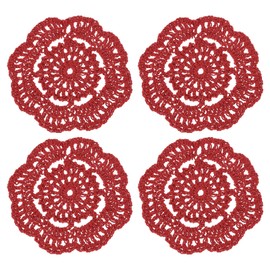 sourcing map Crochet Doilies, 4Pcs 4" Cotton Woven Fabric Coasters, Lace Round Handmade Coasters with Floral Pattern for Wedding Party Decoration (Dark Red)