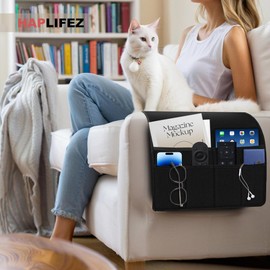 HAPLIFEZ Remote Holder for Recliner Armchair & Couch, Non Slip Sofa Armrest Organizer Caddy with 6 Pockets Thick Linen Fabric Storage for Tablet, Phone, 19x35 Inches, Black