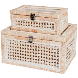 AEDGS Set of 2 - Handwoven Rattan Decorative Boxes with Glass Lids, Handcrafted Wicker Storage Boxes - Stylish, Functional and Stackable Woven Box Decor for Home Organizers