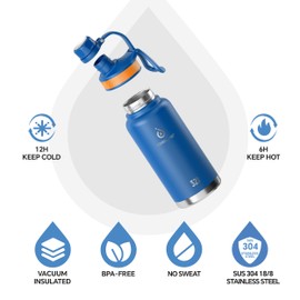 IDEUS Vacuum Insulated Water Bottle, Stainless Steel Double Wall Flask Metal Sports Canteen with Leak-Proof Screw Cap (32oz (950ml), Bright Blue)