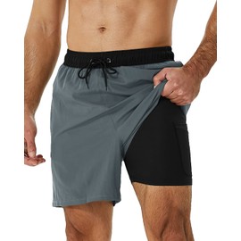 SILKWORLD Mens Swimming Trunks with Compression Liner 2 in 1 Quick-Dry Bathing Suits with Zipper Pockets,Black Grey,XX-Large