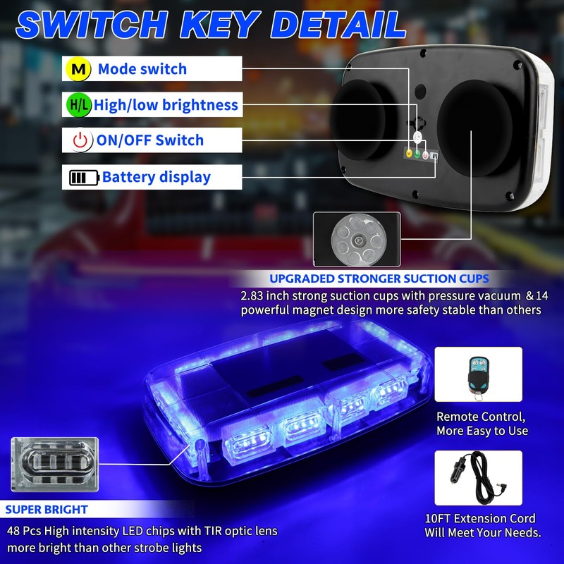 OPL5 Rechargeable Blue Emergency Roof Top Strobe Light Wireless Battery,
