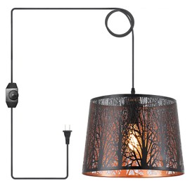 Modern Large Plug in Pendant Light with 14ft Handmade Woven Light Cord, Dimmable Switch Swag Lamp, Industrial Metal Lantern Hanging Lamp for Kitchen Island Dining Room Farmhouse, Gold and Black