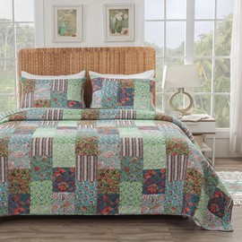 Greenland Home Jasmin Boho Style Oversized Quilt and Pillow Sham Set, Twin/Twin XL (2-Piece), Jade