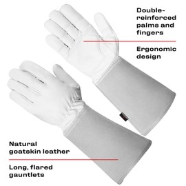 NoCry Leather Gardening Gloves for Men and Women - Thorn Resistant Gloves with Extra Long Cuff and Reinforced Palms and Fingertips, Grey, Size M