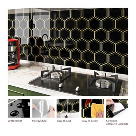 FunStick Black and Gold Peel and Stick Backsplash for Kitchen Bathroom Wall Tiles Waterproof 12"x12" Hexagon 3D Adhesive Peel and Stick Tile Stick on Backsplash for Kitchen Shower Tile Renters 5 Sheet