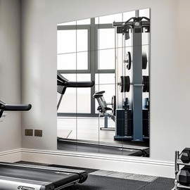 Home Gym Mirror Tiles, Large Workout Mirrors for Home Gym,Square Mirror(Glass,16x12''-16PCS), Large Full Body Mirror for Gym, Wall Mirror for Garage, Bedroom, Bathroom (Glass - 16''x12'' - 16PCS)