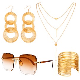 GETUOPT 70s Disco Costumes Jewelry Set, Rimless Diamond Cutting Sunglasses, Triple Swirl Disco Ball Earrings, Wire Metal Coil Bracelets and Layered Choker Necklace for Disco Theme Party