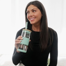 Beaut Glass Cup with Lid and Straw: 20 Oz Tumbler with Bamboo & On-The-Go Lids, Stainless Steel Straws & Protective Silicone Sleeve - BPA Free Aesthetic Drinkware