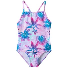 UMELOK Girls One Piece Swimsuits with UPF 50+ Sun Protection Cross Back Thin Strap Bathing Suits Beach Swimwear Pink Purple,Palm Leaves,8Years