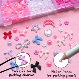 Lifextol 1000pc Pink Bow Nail Charms and Gems 3D Flower Nail Charms for Nails Design Press on Nails Art Charms, Resin Junk Case Charms Bulk Acrylic Pearl Nail Charms Heart for Fake Nails Supplies-B