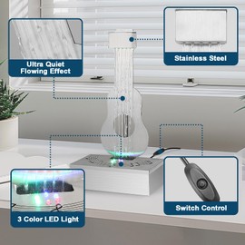 Pamopamo Indoor Tabletop Fountain with 3-Color LED Lights, 304 Stainless Steel Guitar-Shaped Desktop Meditation Waterfall for Home & Office Décor, Relaxing Water Feature Air-Purifying Gift