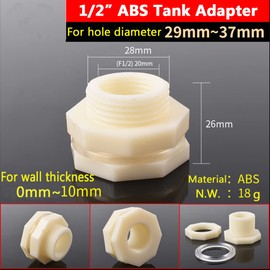 2pcs Water Tank Fittings, PVC Bulkhead Water Barrel Tank Connector Fitting Adapter for Rain Barrel, Aquarium, Water Tank, Pool (Female 1/2" (20mm), White)