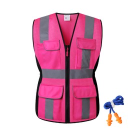 RSMINUO Reflective Safety Vest for Women, High Visibility Mesh Breathable Lady WorkWear with Pockets and Zipper (Pink, Medium)