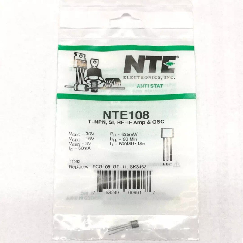 ECG / NTE NTE108, 50mA @ 30V NPN Silicon RF/IF