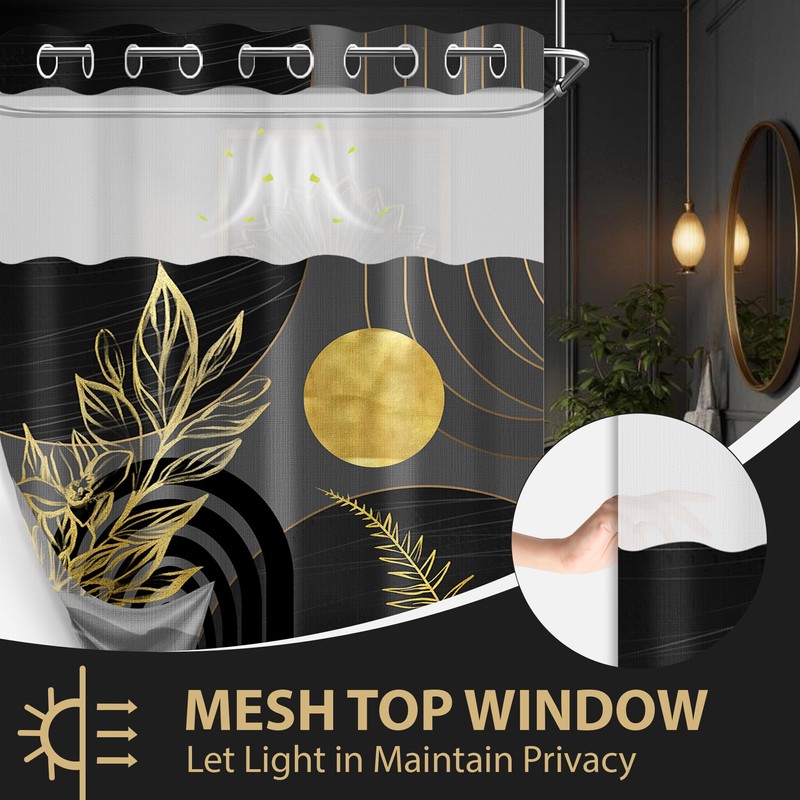 DLTAY Black and Gold Hookless Shower Curtain with Snap in