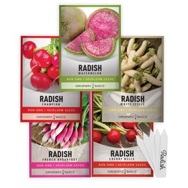Gardeners Basics, Radish Seeds for Planting 5 Individual Packets - Watermelon, French Breakfast, Champion, Cherry Belle, White Icicle for Your Non GMO Heirloom Vegetable Garden