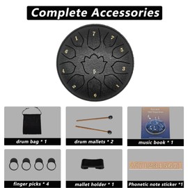 Rain Drum for Outside Garden, 6-Inch Steel Tongue Drum with 11 Notes, Percussion Instrument, Includes Soft Bag, Music Book, and Mallets, Ideal for Meditation, Yoga, and Relaxation