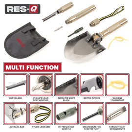 RES-Q Multi Function Trail Shovel - Includes Ballistic Nylon Protective Pouch, Axe Blade, Saw Blade, Ruler, Shovel, Hoe, Nylon Lanyard, Serrated Knife Blade, Leverage Bar, Screwdrivers and More