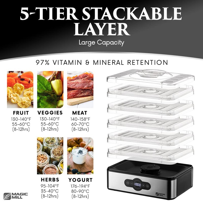 Magic Mill Food Dehydrator Machine | 5 Stackable Stainless Steel