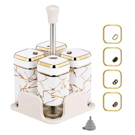 SAEIV 4-Piece Square Spice Jars, Spice Jars, 360° Rotating Spice Hole Lids, Unique Large Funnel, with Non-Slip Carry Base, Spice Jars Set - Kitchen Storage & Organisation