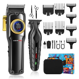 HIENA PRO Professional Hair Clippers Set for Men Cordless Barber Kit Hair Cutting Kit Rechargeable Clippers and Trimmers Set Clipper Set for Barbers with LED Display, Gifts for Men, (Black)