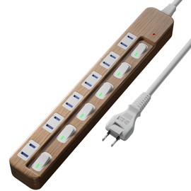 SAYBOUR Wood Grain Power Strip, Lightning Guard, Individual Switch, Power Saving Tap, Stylish, Energy Saving, AC Outlet, 6 LEDs, PSE Certified, Extension Cord (9.6 ft (3 m)