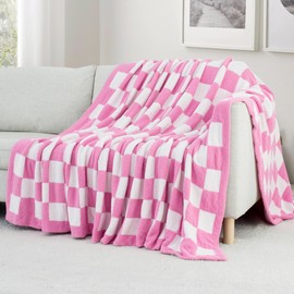 Carriediosa Checkered Throw Blanket 90" X 90" Queen, 400GSM Ultra Soft Microfiber Fuzzy Fluffy Reversible Cute Preppy Knitted Blankets Cozy Plush Fall Throws for Couch, Bed, Sofa, Hot Pink