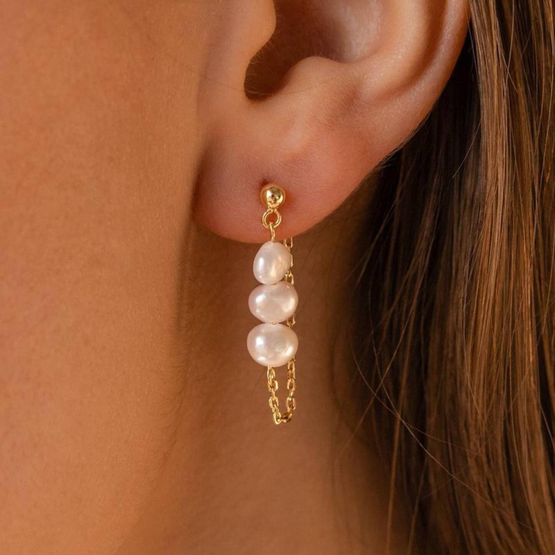 Gold Earrings Set Pearl Dangle Hoop Earrings Stacks 14K Gold