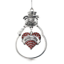 Inspired Silver - Granddaughter Red - Silver Christmas Ornament - Red Pave Heart Charm Christmas Tree Ornament with Cubic Zirconia - Snowman Hanging Decoration
