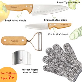 Kibbidea Kids Knife Set 4-Pieces, Stainless Steel, Wooden Handle Kids Knives for Real Cooking, Child Friendly Chef Knife for Cutting Chopping, BPA-free Kitchen Knives for Teenager 8-12