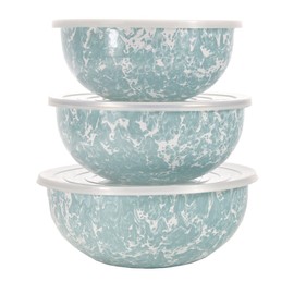 Golden Rabbit Enamelware - Sea Glass Swirl Pattern - Set of 3 Mixing Bowls