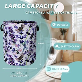 Dragonfly Laundry Basket Foldable With Handles Purple Floral Tote Bag Oxford Cloth Colorful Laundry Hamper Clothes Storage Bucket Toy Organizer For Bathroom/Laundry/Bedroom 18.9" x 16.5 "